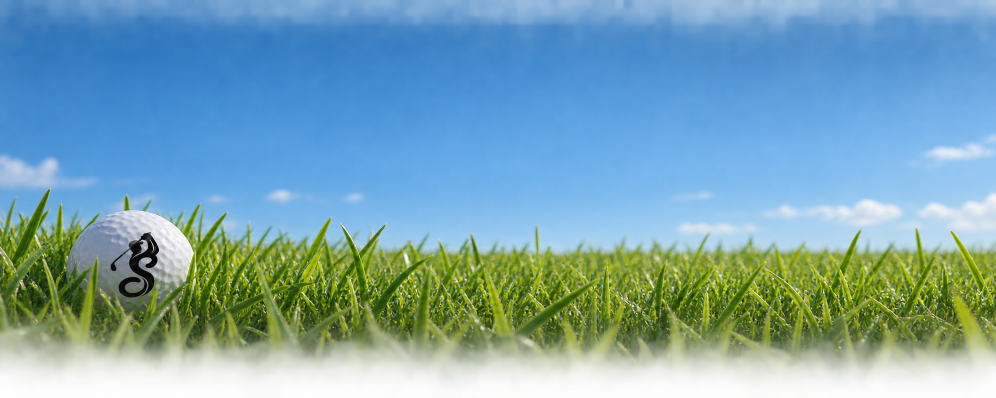 Golf ball resting in grass beneath a blue sky